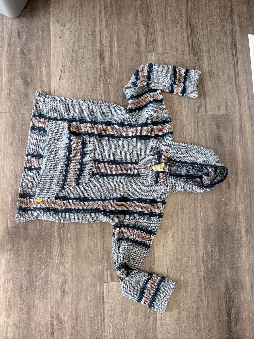 Striped Hooded Pullover Sweater - Gray with Navy & Rust Stripes